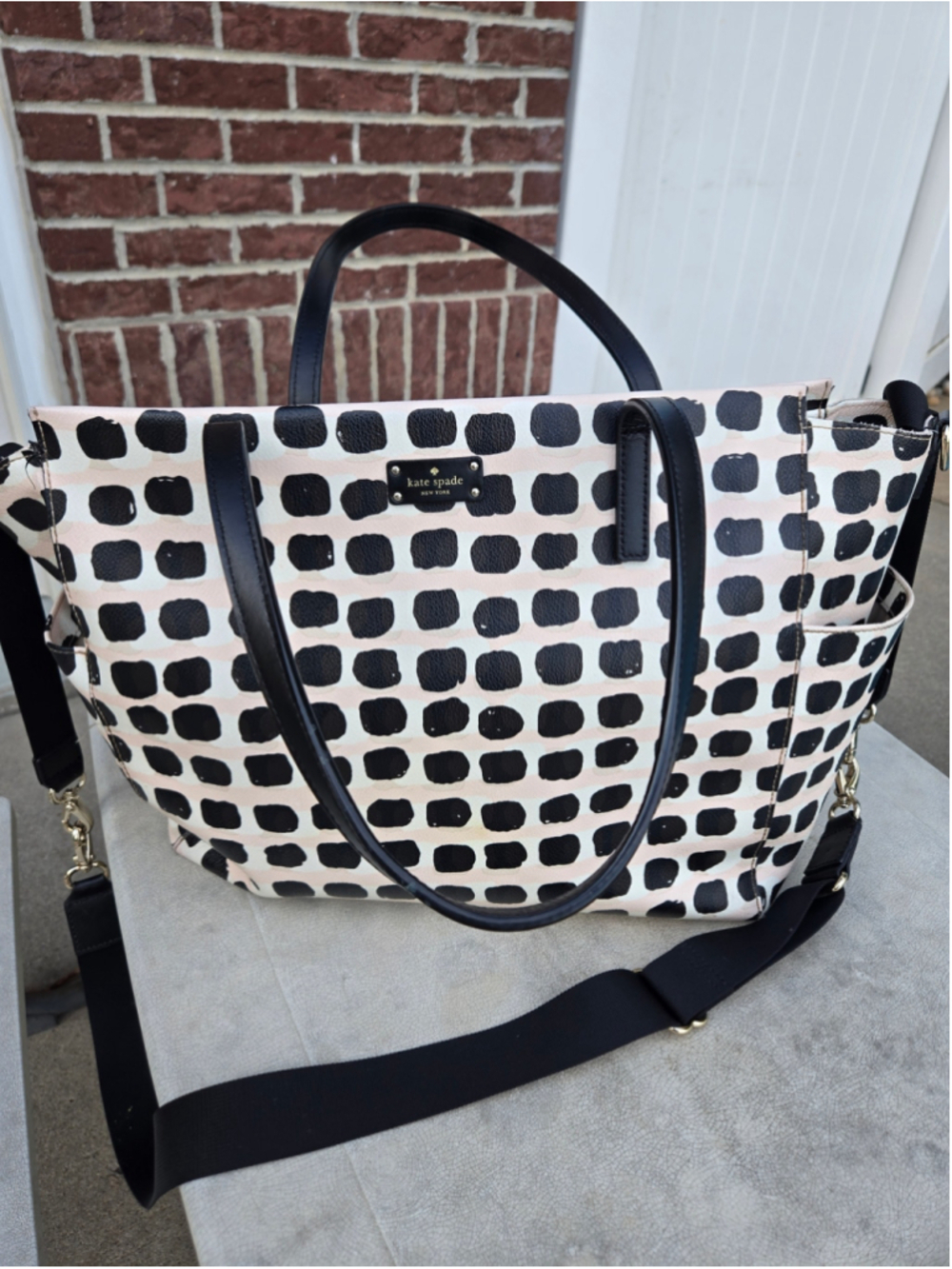 Kate Spade Large Dot Print Tote Bag Black Cream Nylon Crossbody Shoulder Bag